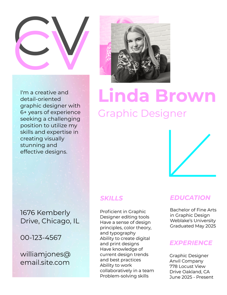 White CV, with a headshot and pink highlights, being edited in Adobe Express.