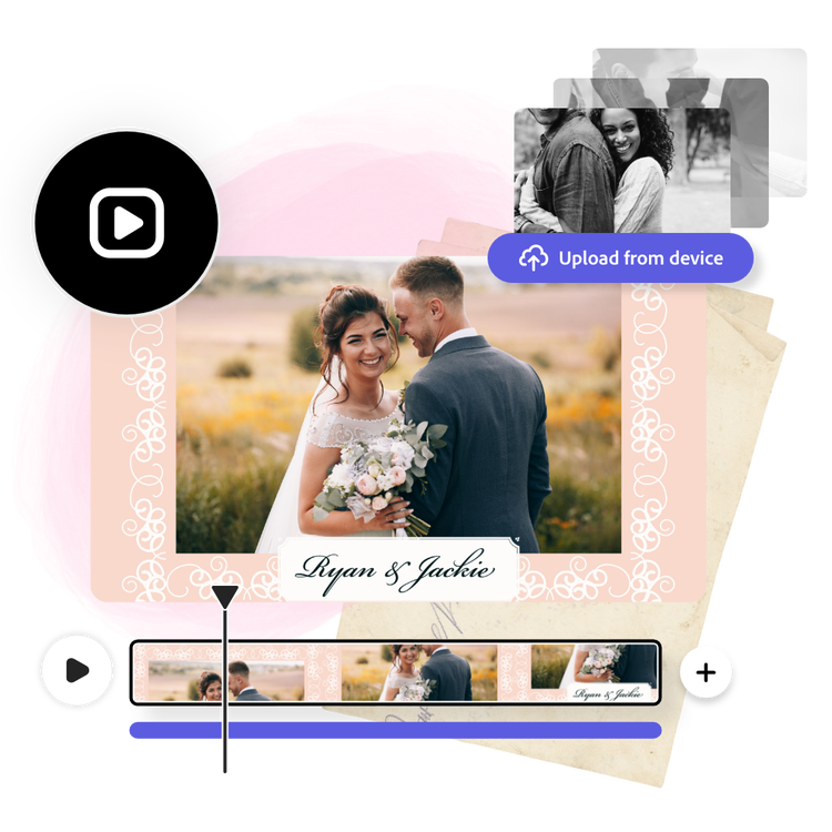 Design with a pink background featuring a wedding invitation video being edited using Adobe Express video tool.