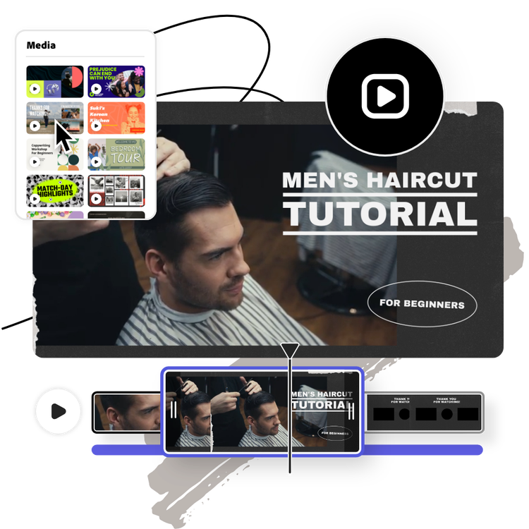 Icons and graphic elements, and YouTube video tutorial about men's haircut playing in the background.