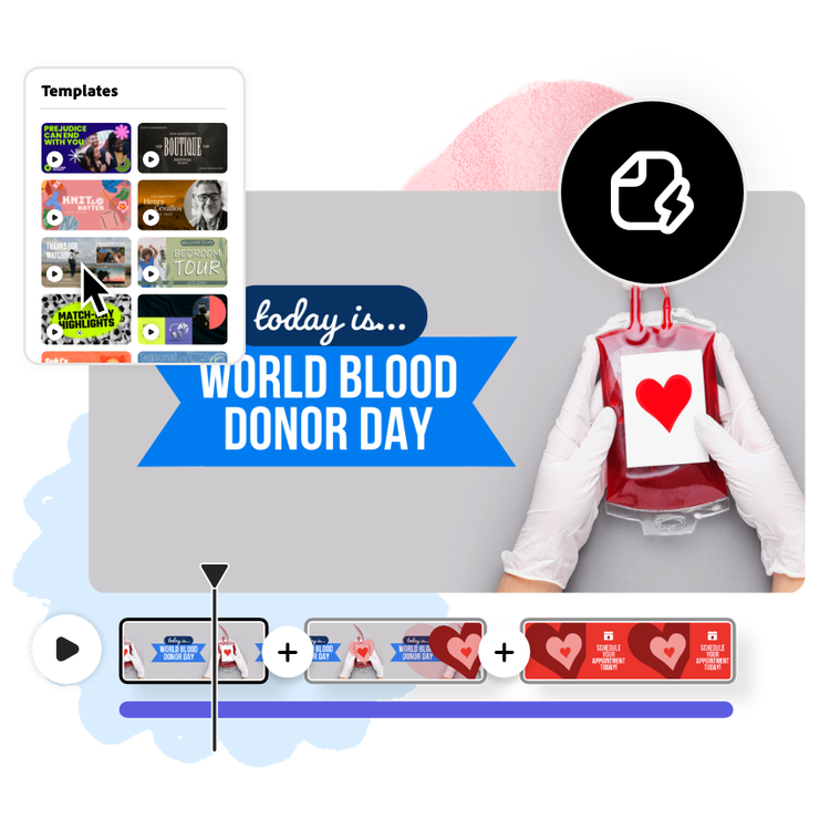 Icons and graphic elements, and a World Blood Donor Day video playing in the background.