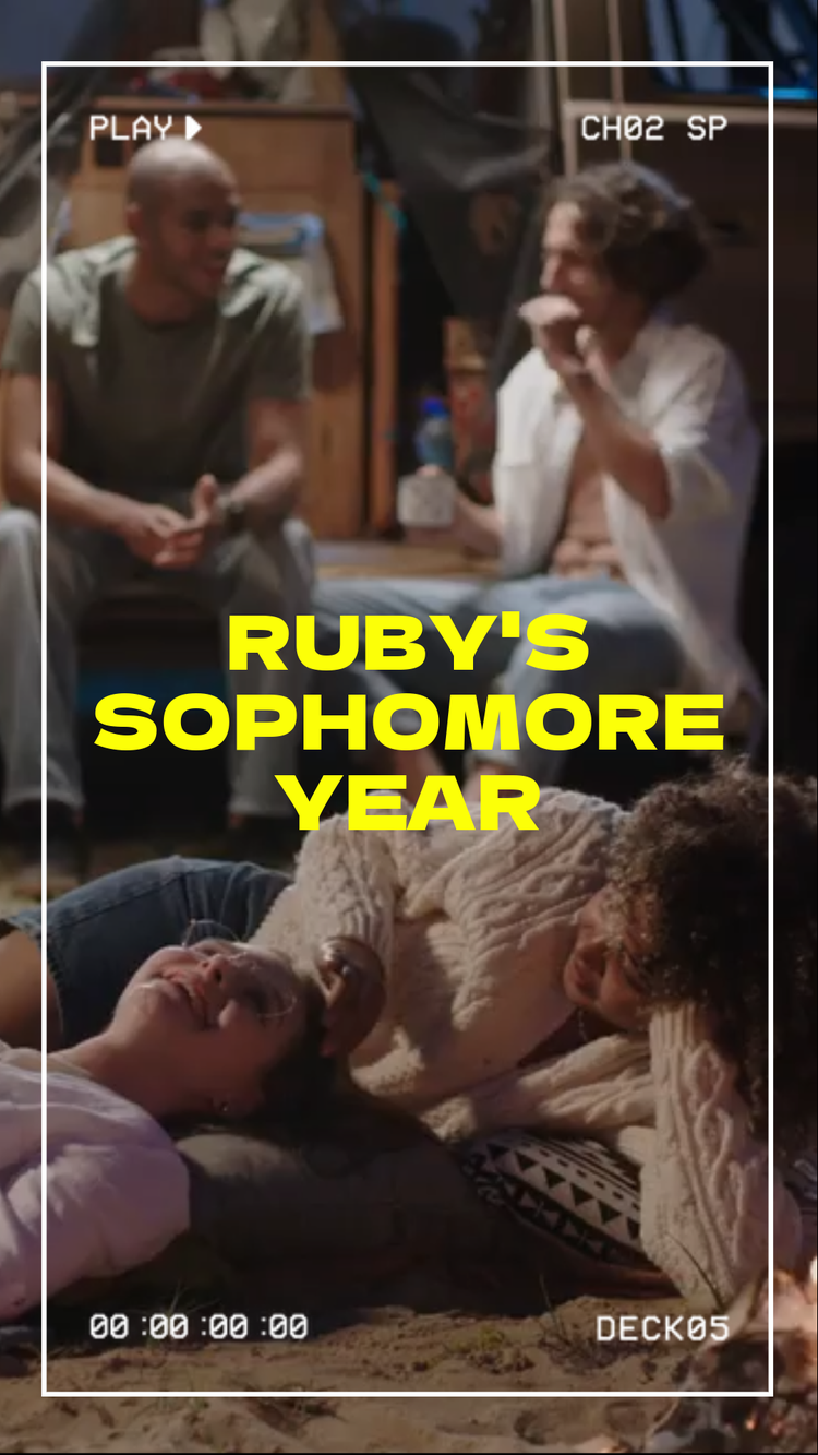 Cover of a tribute video featuring a group of friends and a yellow title "RUBY'S SOPHOMORE YEAR" made with Adobe Express.