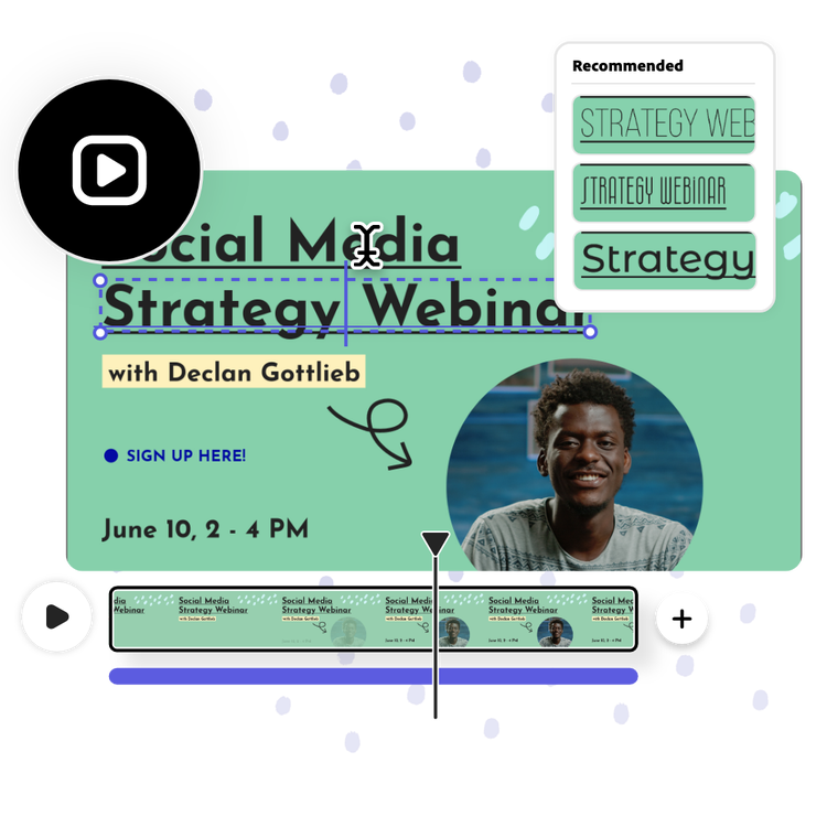 Icons and graphic elements, and a social media strategy webinar video playing in the background.