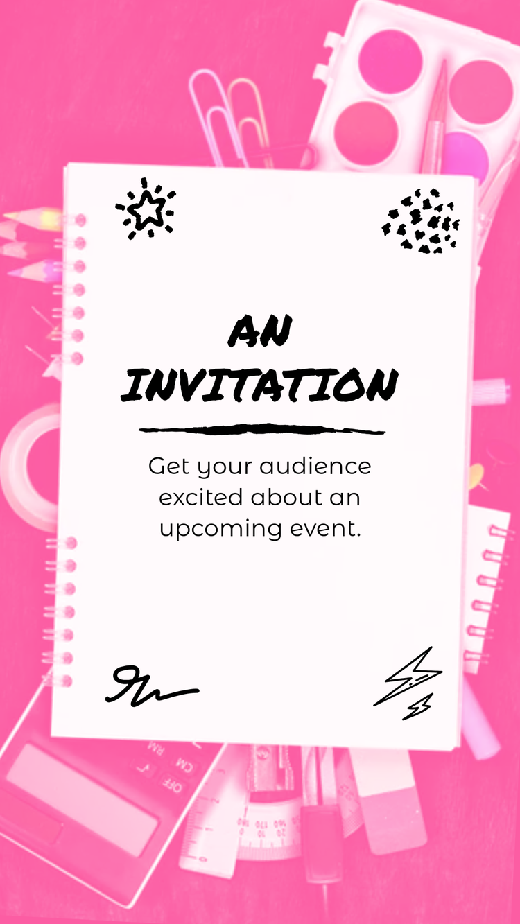 Capture of a short video by Adobe Express featuring a note on the importance of an invitation, set against a pink background with school elements.