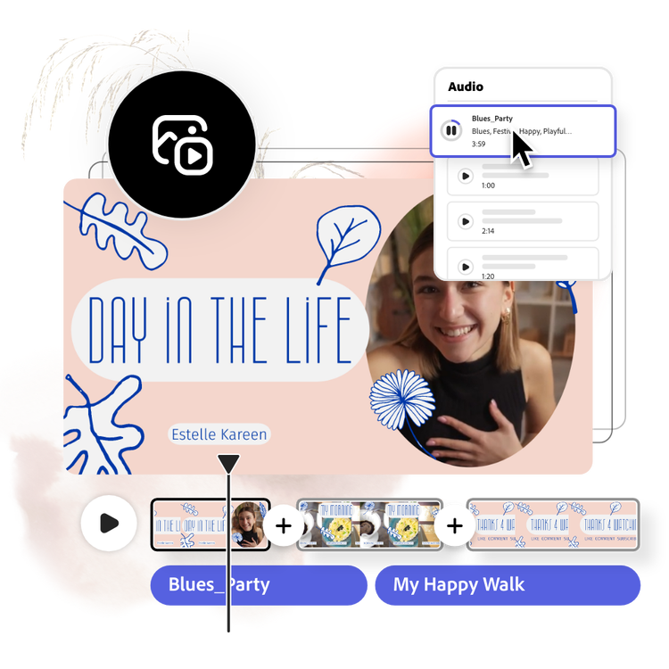 Icons and graphic elements, and vlog video with the text "Day in the life" playing in the background.