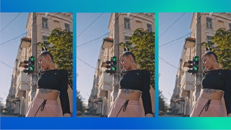 Frame of an ad video being edited in Adobe Express. The video displays a person posing in a street.