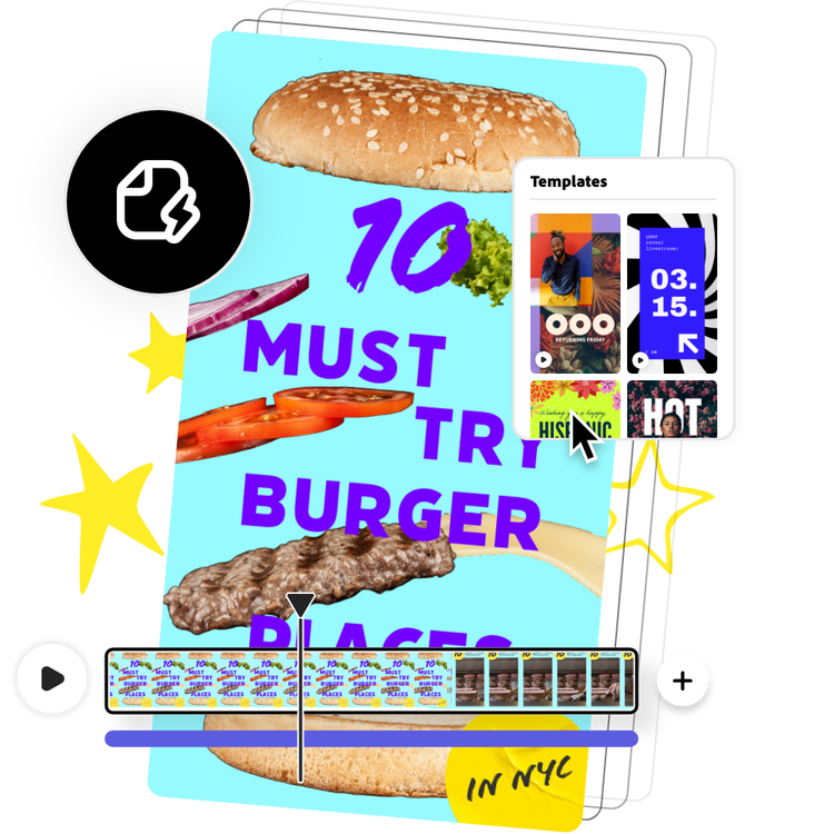 Icons and graphic elements, and aTikTok video about burger places playing in the background.