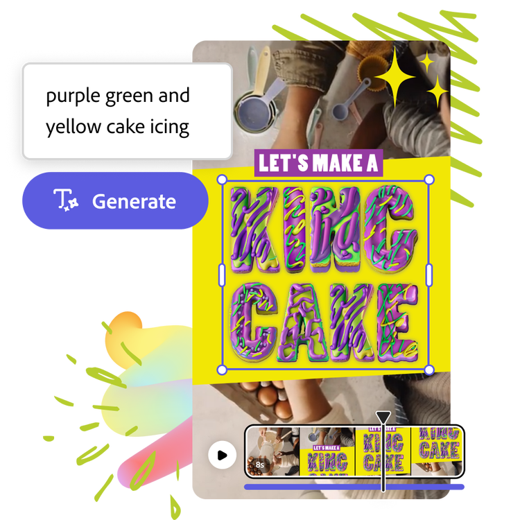 Colorful Adobe Express template featuring a tool to create stunning intro videos with personalized fonts, showcasing "Let's Make a King Cake" text.