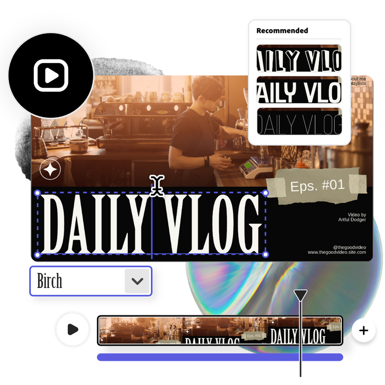 Icons and graphic elements, and vlog video with the text "Daily vlog" playing in the background.