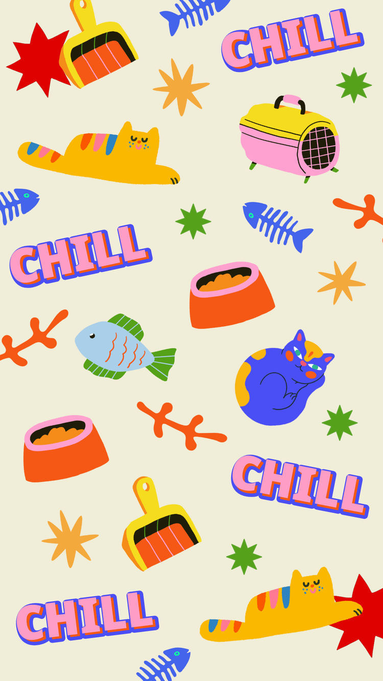 iPhone wallpaper with yellow and blue cats and other colorful elements from Adobe Express.
