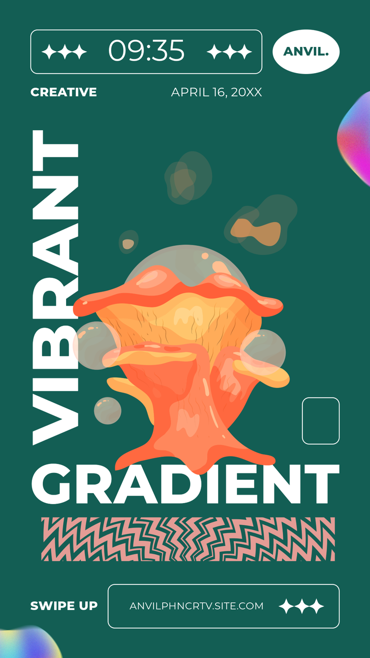 A colorful iPhone wallpaper of an orange mushroom with abstract shapes, made with Adobe Express. Includes texts as "VIBRANT" and "GRADIENT".