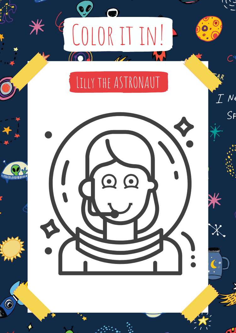Coloring page featuring an outlined astronaut against a blue background with vibrant icons.