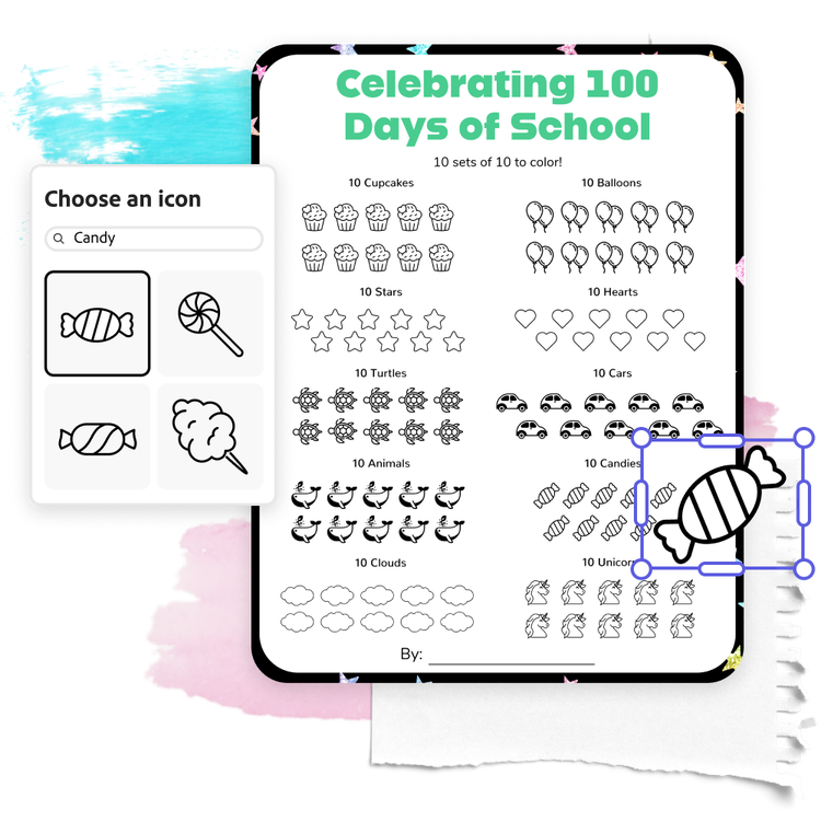 Color page for kids designed with Adobe Express, featuring an icon window to customize a worksheet titled "Celebrating 100 Days of School.