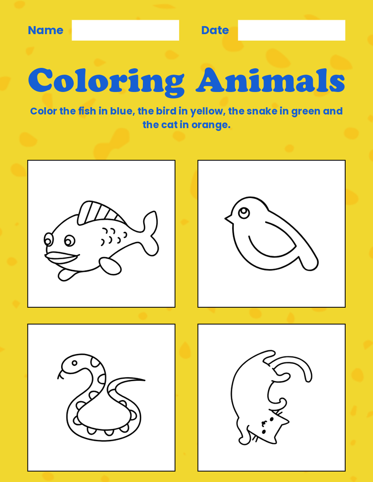 Yellow background coloring page with 4 outlined animals in white blocks, with spaces above for name and date.