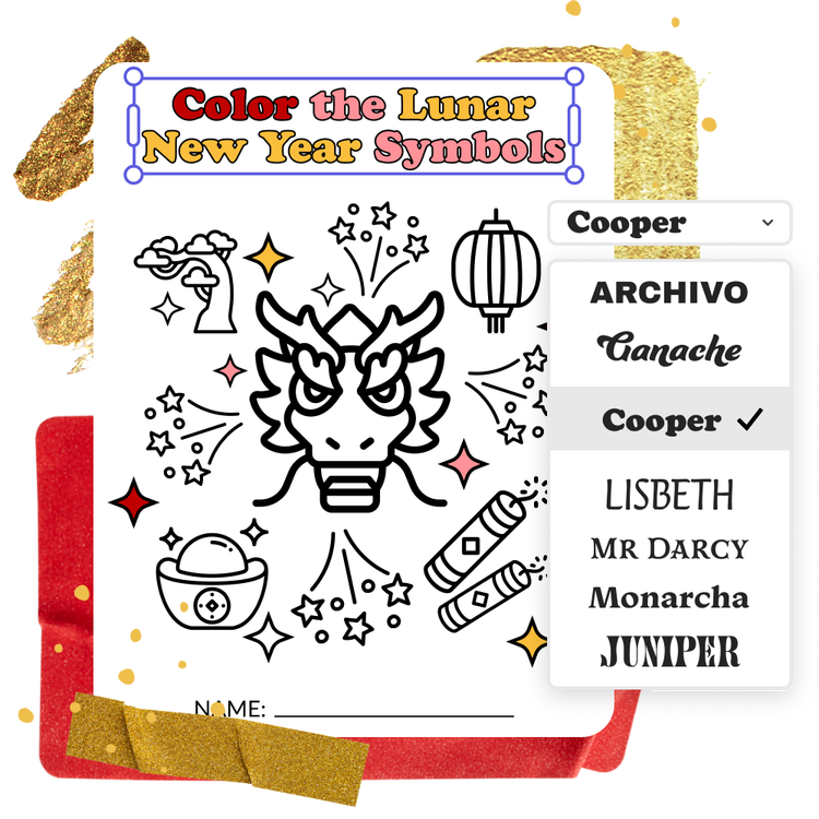 Coloring book cover titled "Color the Lunar New Year Symbols," showing different font options, with golden and red elements in the background.