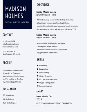 Black and White Journalist and Social Media Marketing Specialist Resume Resume Examples