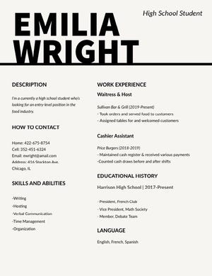 Black and White Food Industry High School Student Resume Resume Examples