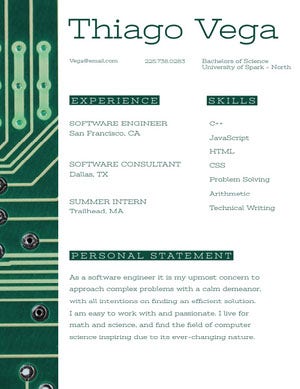 Green Software Engineer Resume with Circuit Board Resume Examples