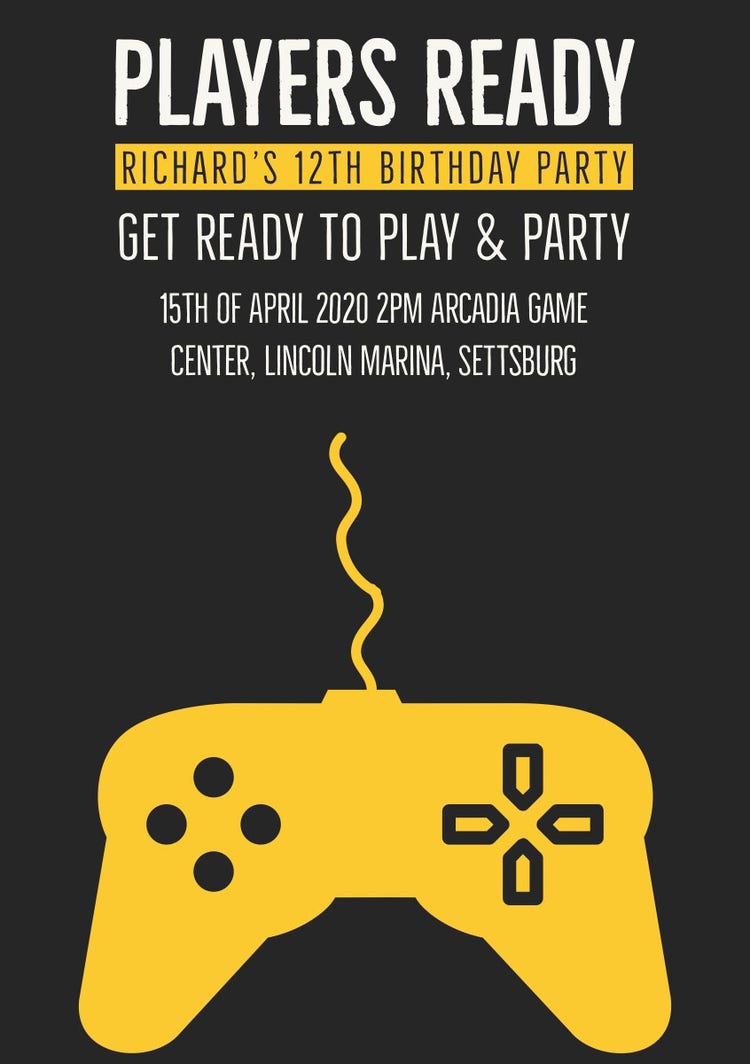 Black And Yellow Video Game Birthday Party Invitation Card