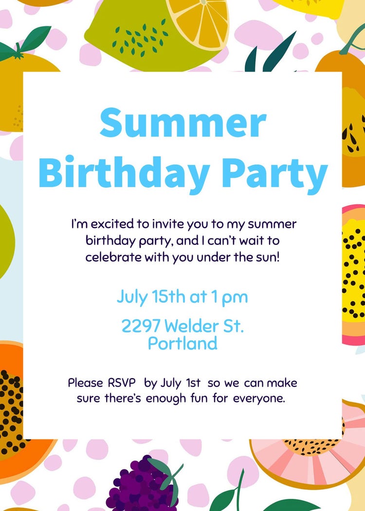 Blue and Pink Fruit Summer Birthday Party Invitation