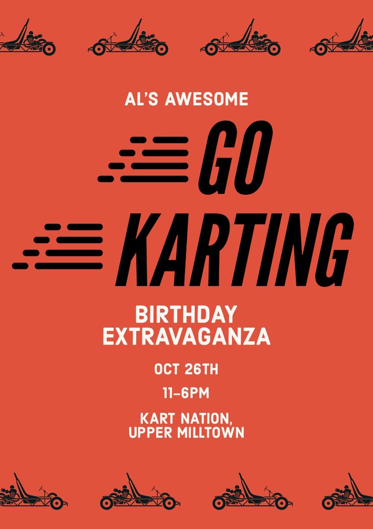 Red Black And White Birthday Go Kart Party Invitation Card