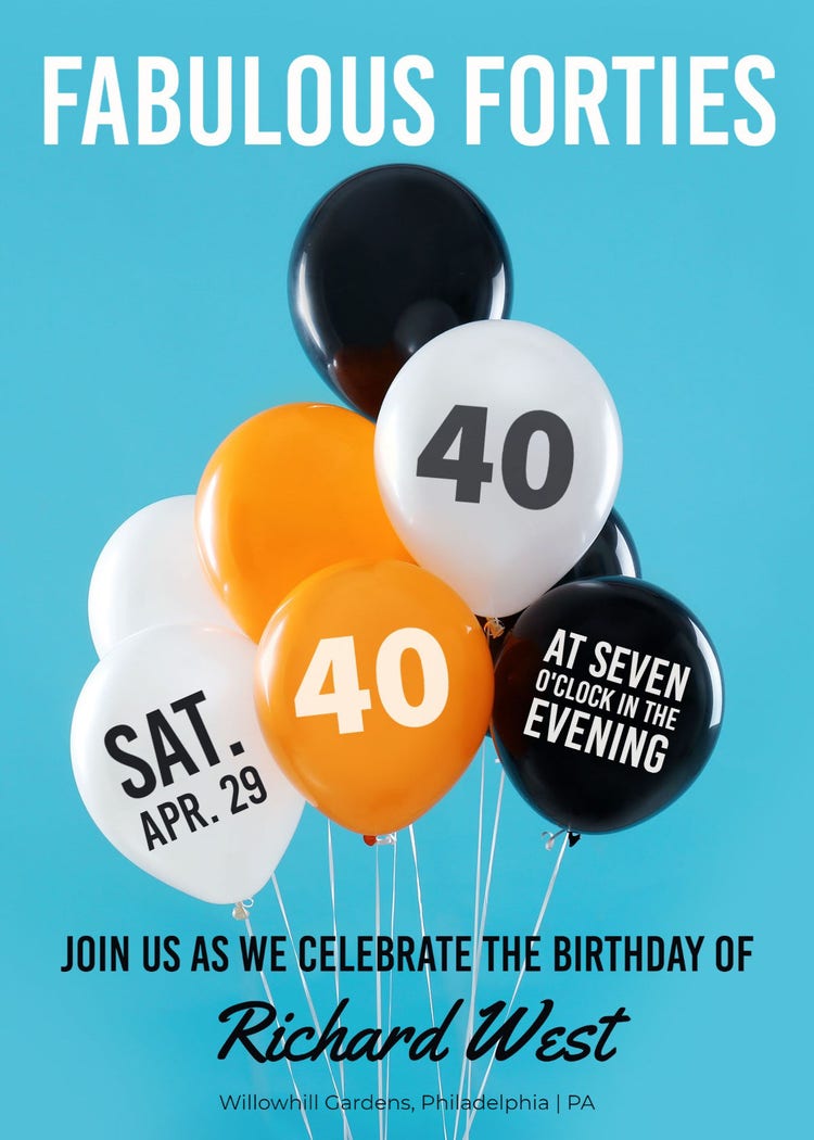 Blue Balloon 40th Birthday Party Invitation