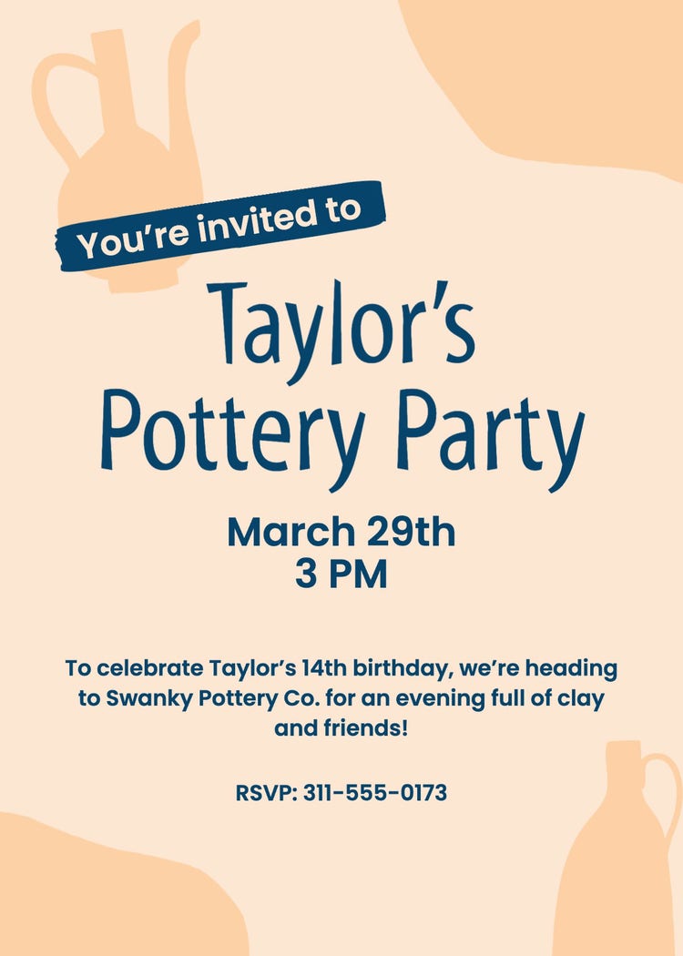 Beige & Navy Shape Pottery Party Birthday Invitation