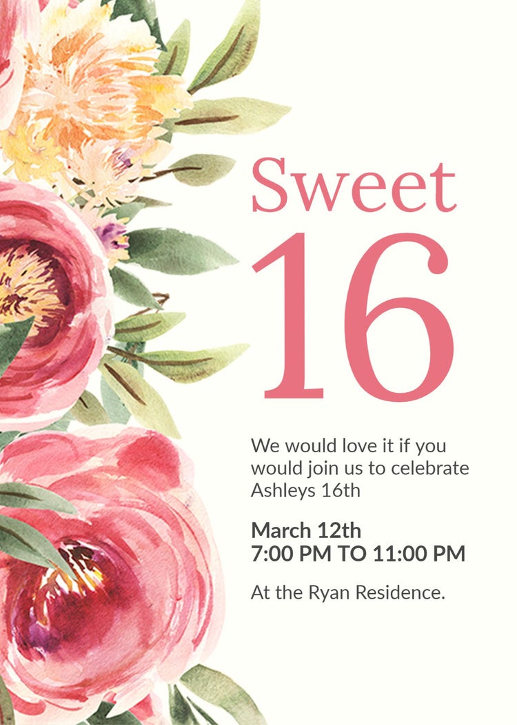 Pink & Green Floral Sweet Sixteen Party Invitation
