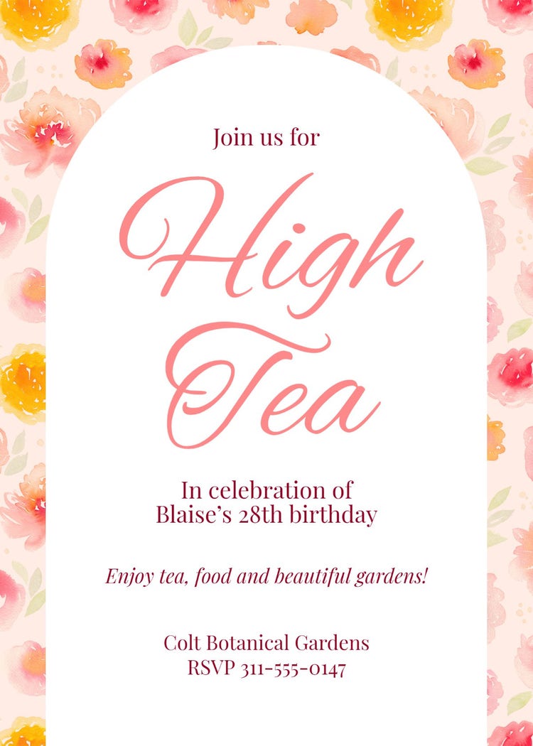 Pink & Floral Arch High Tea Birthday Invitation