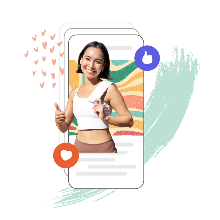 A mobile mock-up surrounded by social media icons, showcasing a photo collage of a person wearing a white shirt and giving a thumbs-up gesture.