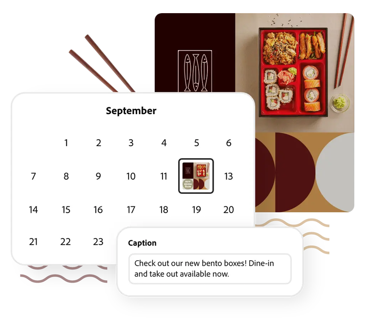 Calendar showcasing the post scheduled for September 12th, the copy and the design in the back made with Adobe Express.