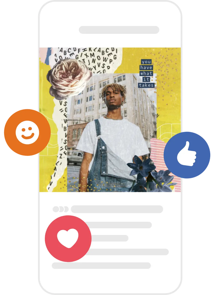 A mobile mock-up with social media icons around it featuring a photo collage of a person, text and flowers.