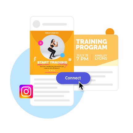 Promo post of a person training with a program with date and time on a mock-up of a feed on social media, an Instagram icon and a button.