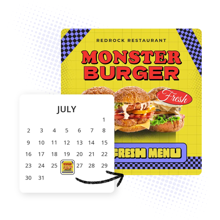 Picture of burgers from a restaurant, against a yellow background, being prepared for publication on July 27th using Adobe Express tool.