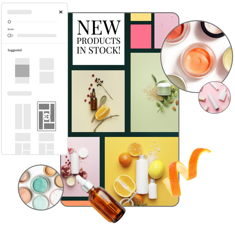 A grid of colorful product photos that can be edited using the Adobe Express photo editor collage maker.