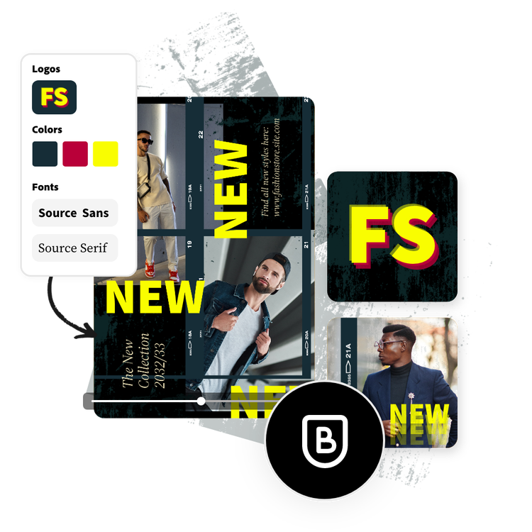A photo collage for businesses, showcasing three pictures of men modeling a new clothing collection, featuring font options in Adobe Express.