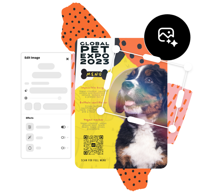 Icons, graphic elements, and an orange event pass with the image of a dog and a QR Code in the background.