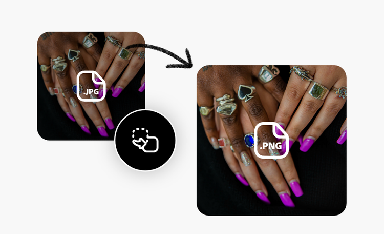 Icons and an image displayed twice. It features two hands. The first one is labeled JPG and the second, PNG.