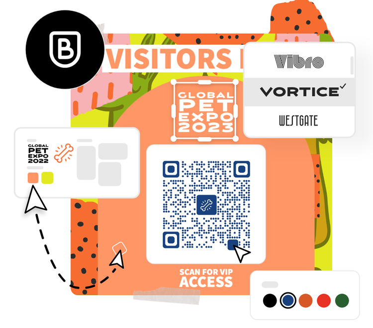 Icons, graphic elements, and an orange event pass with QR Code in the background.