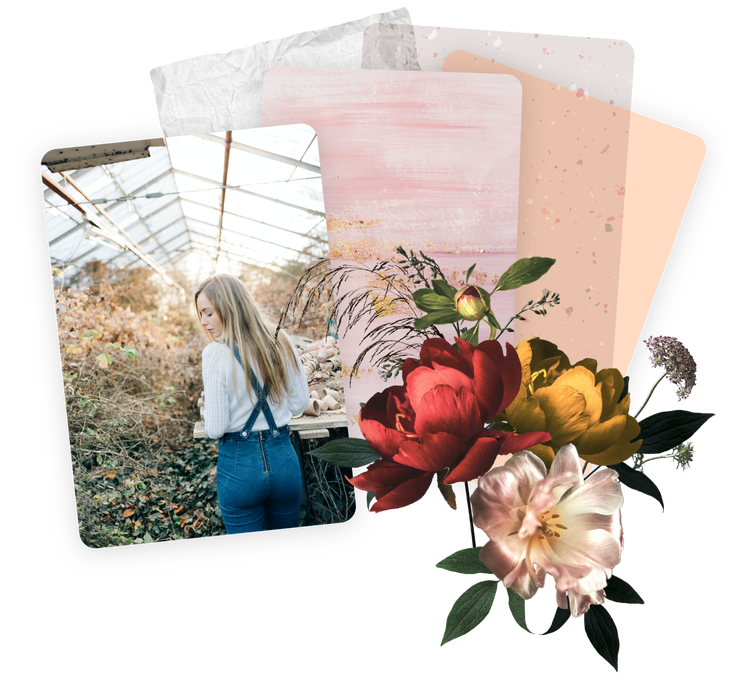 Collage featuring a person in a greenhouse, colorful flowers, and abstract painted textures.