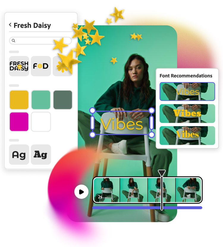 Colorful design featuring a person seated in a backward chair, surrounded by star icons, recommended fonts, and a video editor toolbar.