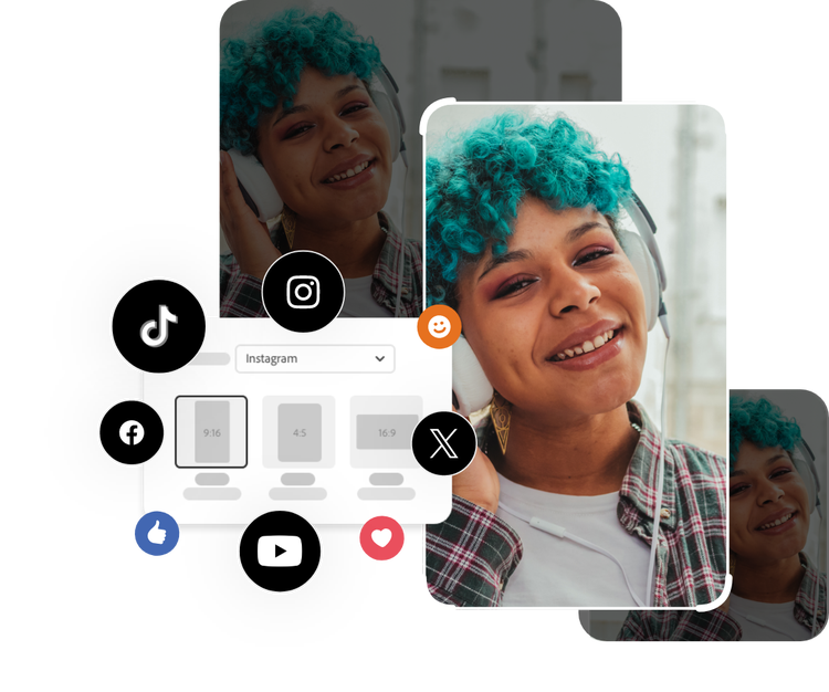 Social media icons, graphic elements and a video featuring a person with green hair in the background in different formats.