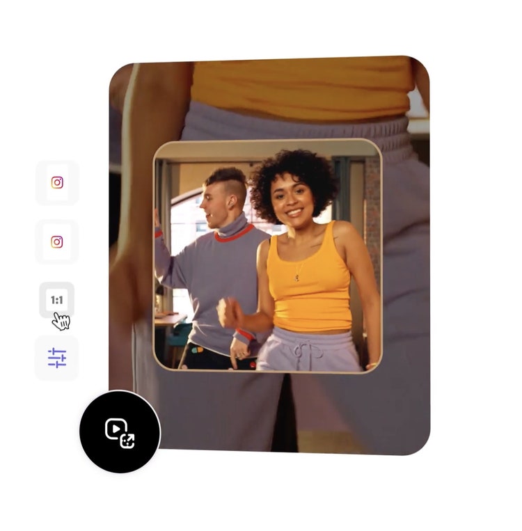 Graphic elements, Instagram icons and a video being resized in the background. The video features a couple.