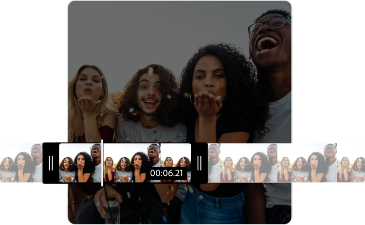 A video being trimmed. The video feature four people having fun together.
