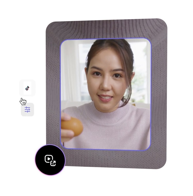 Graphic elements, TikTok icon and a video being resized. The video features a person holding an egg.