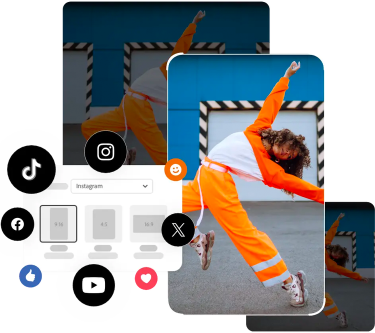 Graphic elements, social media icons and a video displayed in three different sizes. The video features a person dancing.