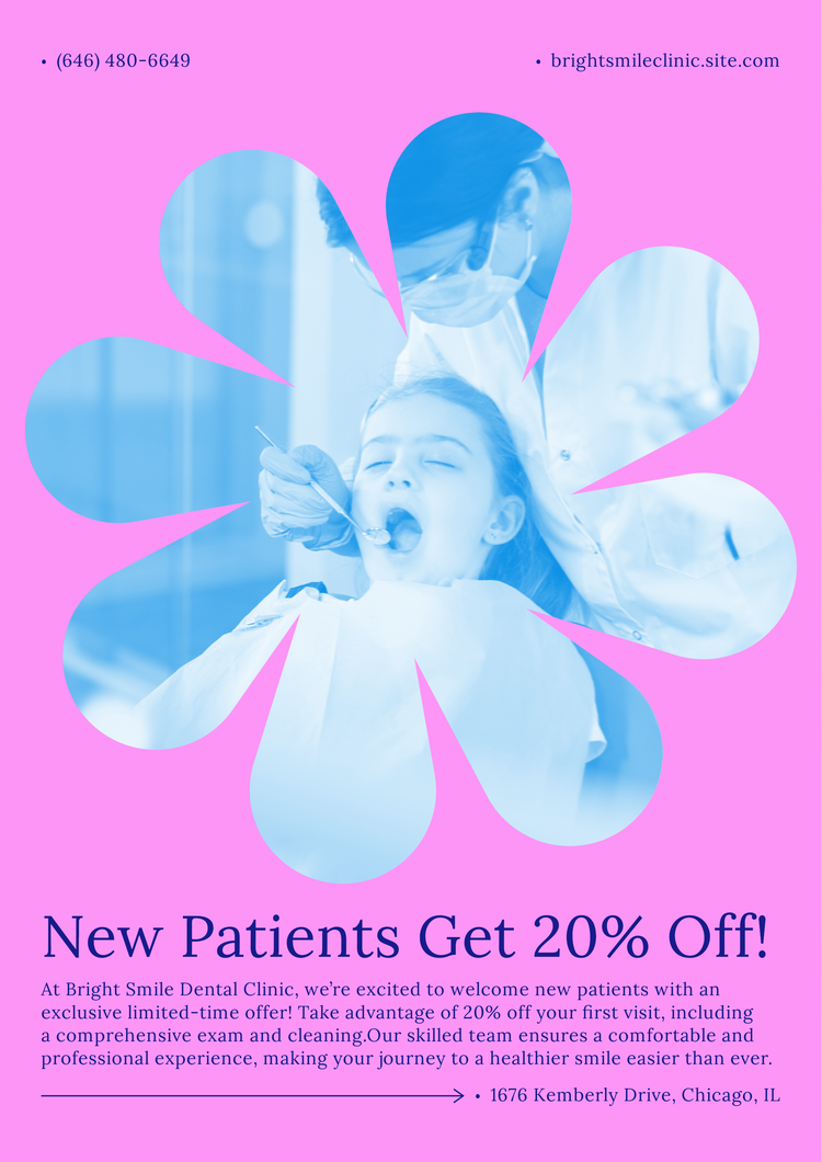 Pink and blue advertisement for a dentist