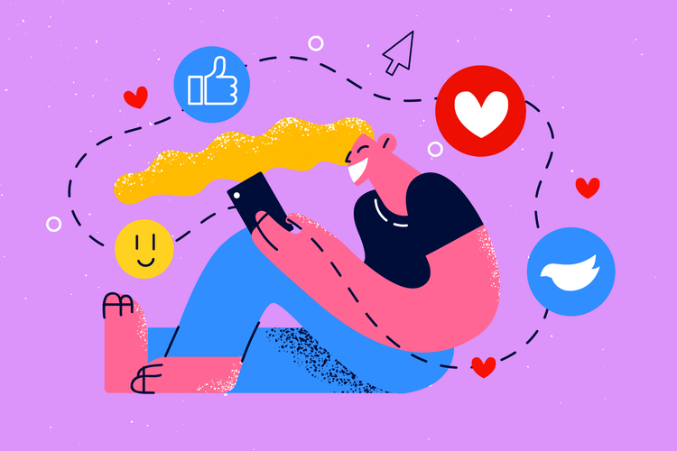 Importance of consistent posting header image An illustrated person sits and browses on their phone. Various social media icons float in the space about them.