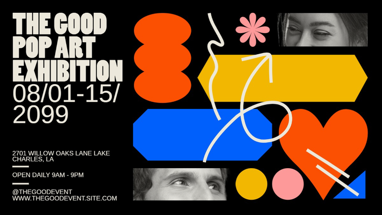 A Facebook banner promoting a pop art exhibition with event details and various colorful graphics