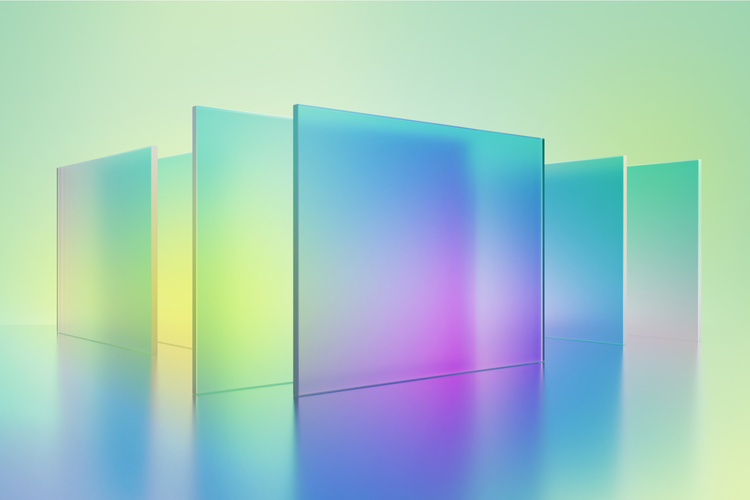 A vaporwave-style 3D graphic of six standing panels at varying angles arranged over a seamless floor and background, with varying color gradients ranging from purple, blue, green, pink, and yellow throughout.