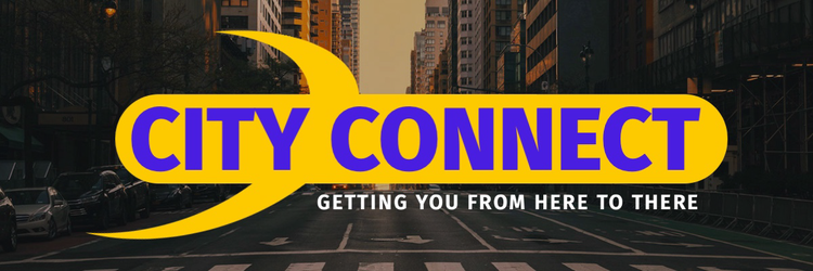 A Twitter banner for City Connect – getting you from here to there with an image of a city street in the background